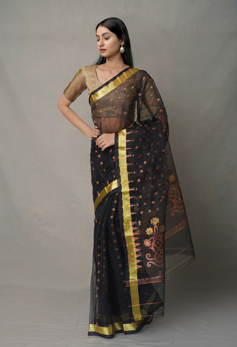 Black Pure Handloom Jamdhani  Organza Saree-UNM64974