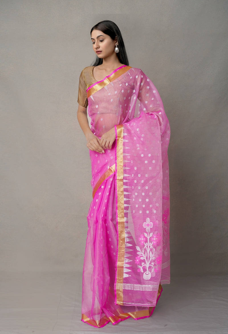 Pink Pure Handloom Jamdhani  Organza Saree-UNM64980