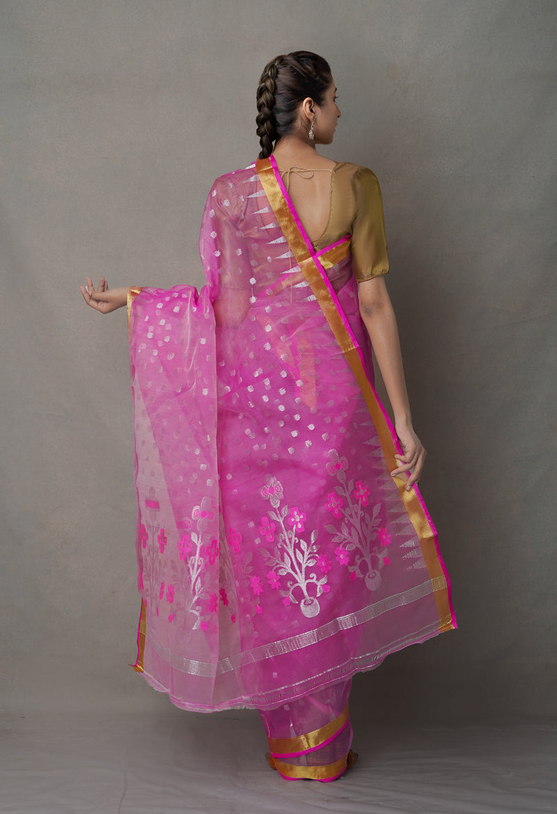 Pink Pure Handloom Jamdhani  Organza Saree-UNM64980