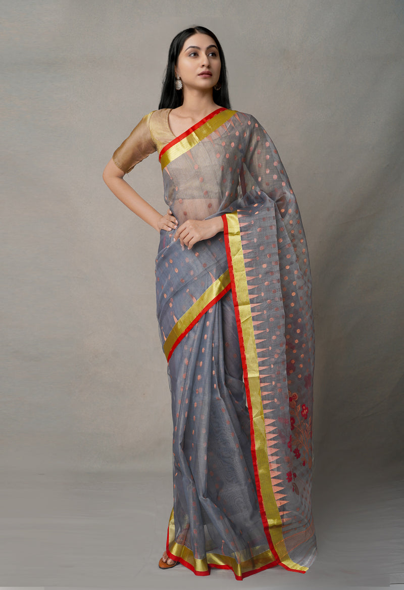 Grey Pure Handloom Jamdhani  Organza Saree-UNM64984