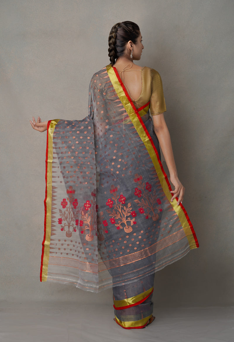 Grey Pure Handloom Jamdhani  Organza Saree-UNM64984