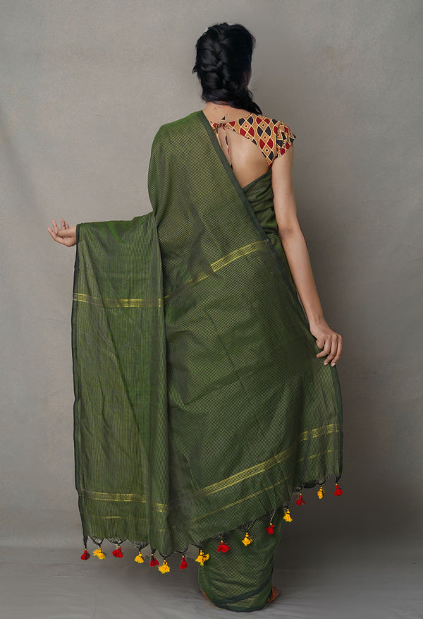 Green Pure Handloom Bengal Linen Saree-UNM64985