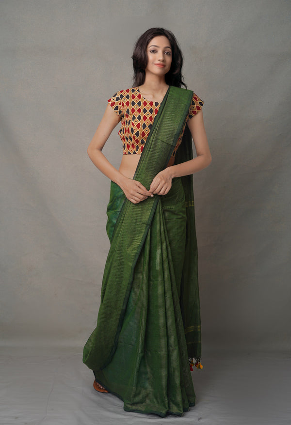Green Pure Handloom Bengal Linen Saree-UNM64985