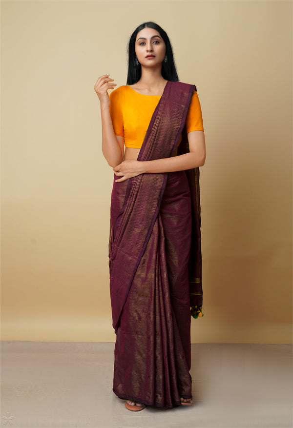 Purple Pure Handloom Bengal Linen Saree-UNM64989