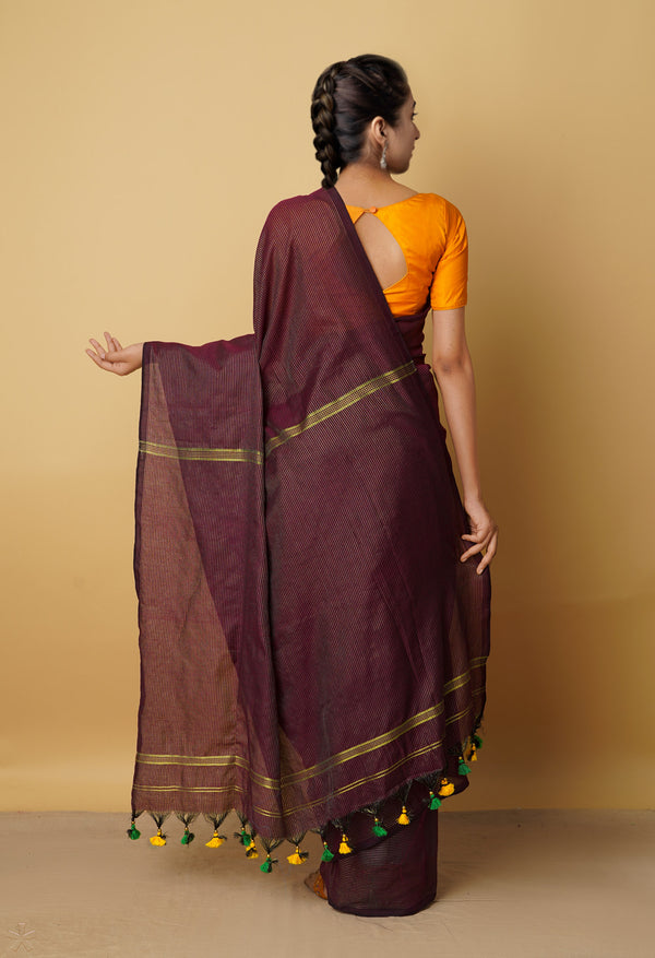 Purple Pure Handloom Bengal Linen Saree-UNM64989