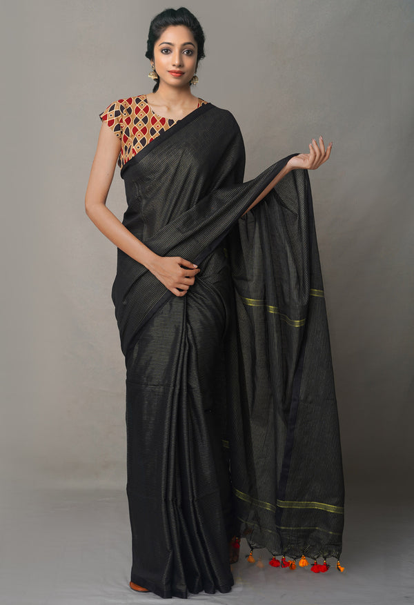 Black Pure Handloom Bengal Linen Saree