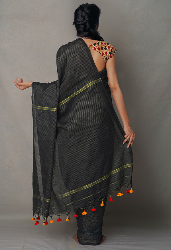 Black Pure Handloom Bengal Linen Saree