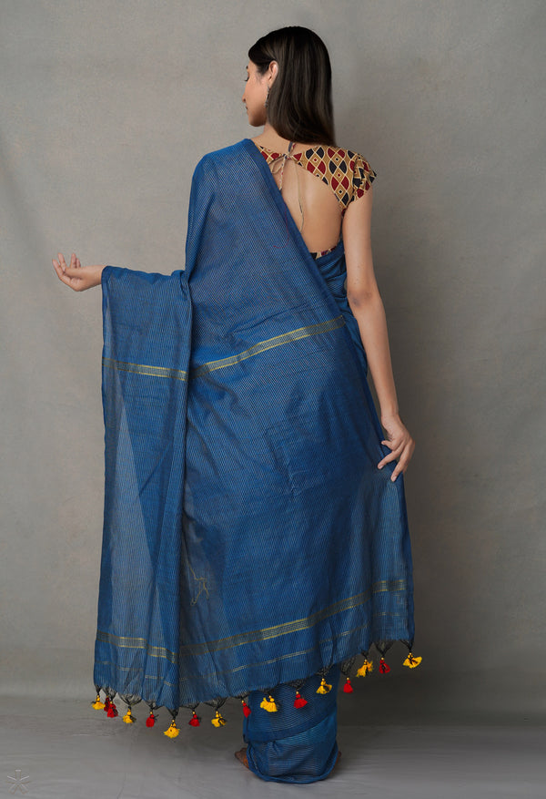 Blue Pure Handloom Bengal Linen Saree-UNM64992