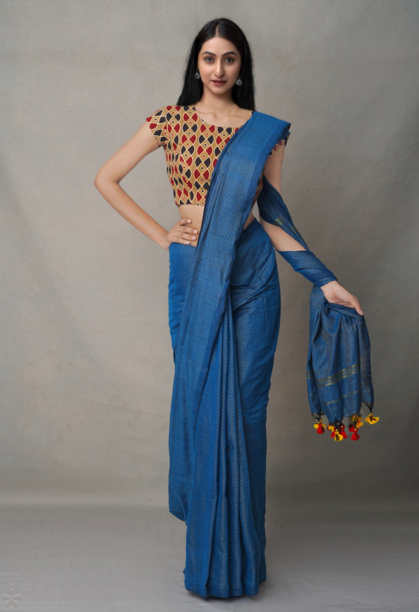 Blue Pure Handloom Bengal Linen Saree-UNM64992