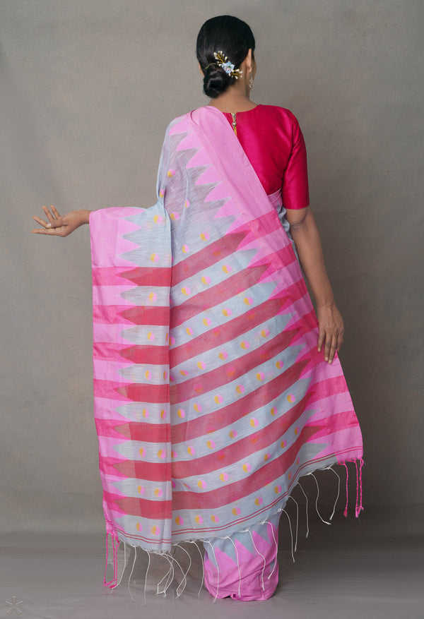 Grey-Red  Bengal Linen Saree-UNM64993