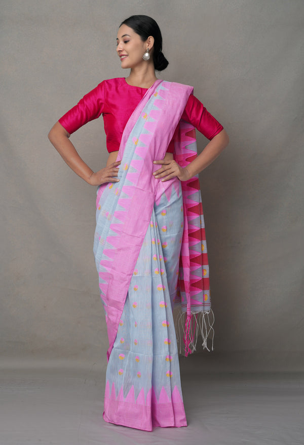 Grey-Red  Bengal Linen Saree-UNM64993