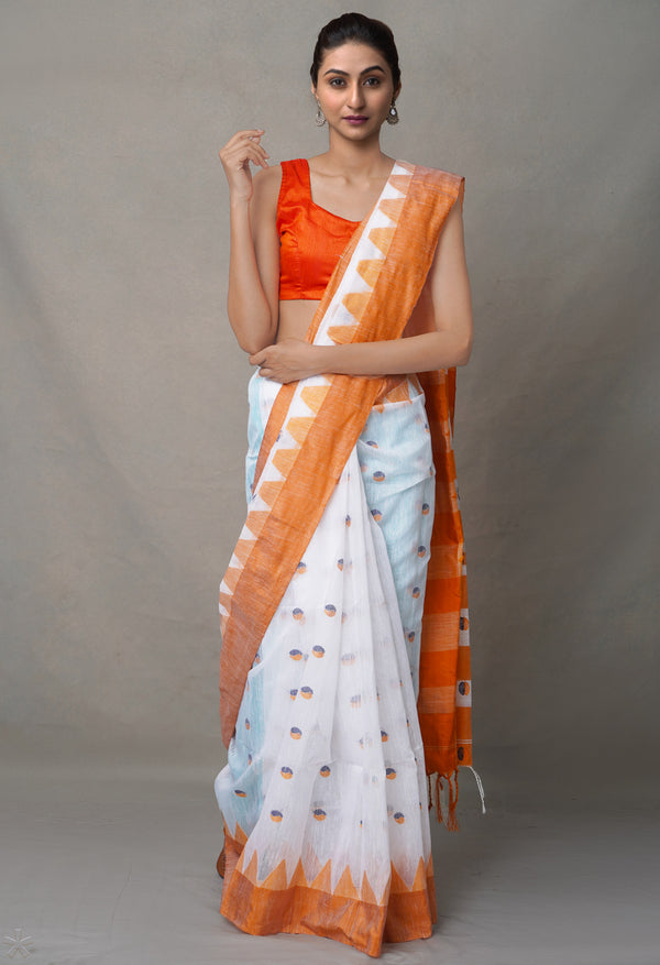 Cream-Orange  Bengal Linen Saree