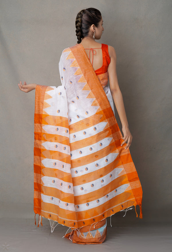 Cream-Orange  Bengal Linen Saree