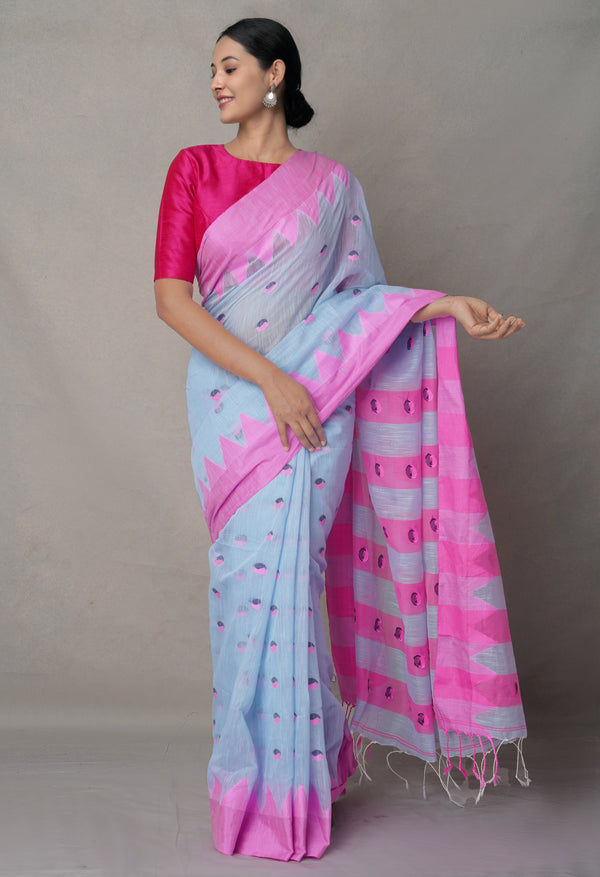 Blue-Pink  Bengal Linen Saree-UNM64997