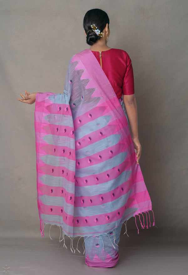 Blue-Pink  Bengal Linen Saree-UNM64997