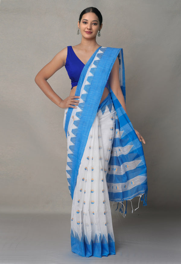 White-Blue  Bengal Linen Saree-UNM64999