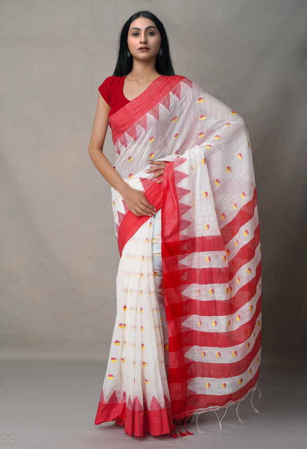 Cream-Red  Bengal Linen Saree-UNM65000