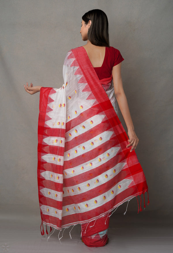 Cream-Red  Bengal Linen Saree-UNM65000