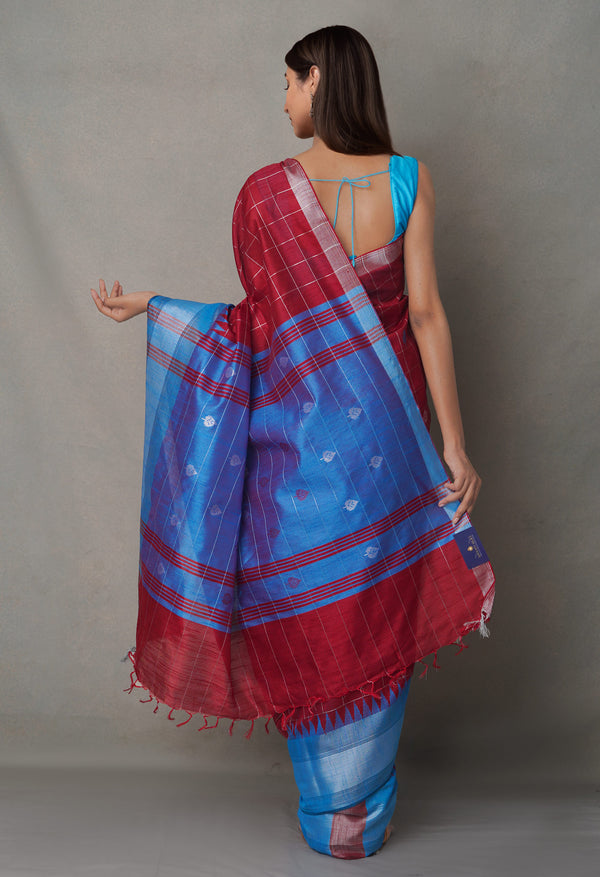 BlueMaroon  Bengal Linen Saree-UNM65001