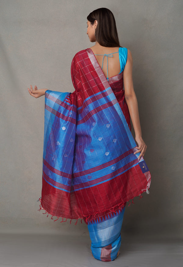 BlueMaroon  Bengal Linen Saree-UNM65001