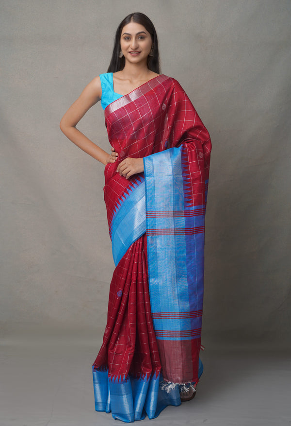 BlueMaroon  Bengal Linen Saree-UNM65001