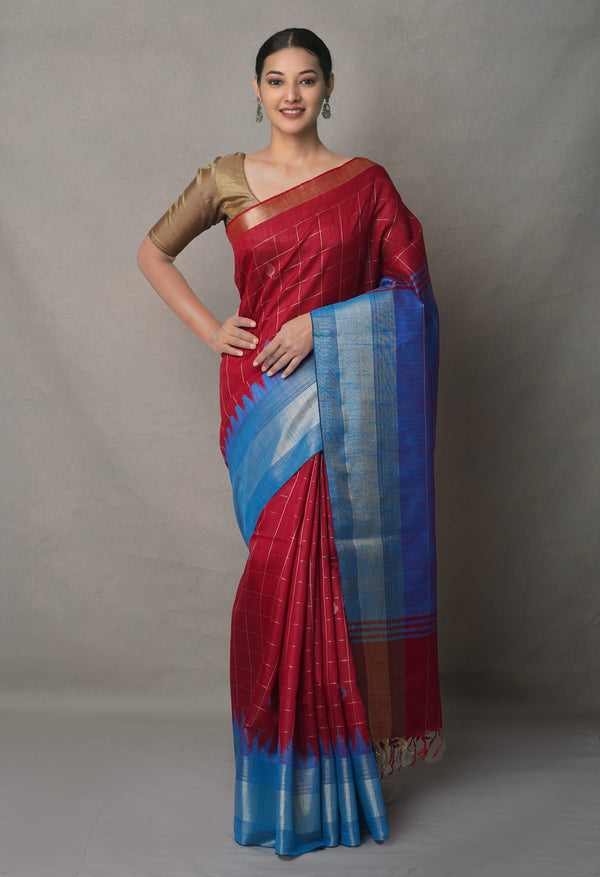 BlueMaroon  Bengal Linen Saree