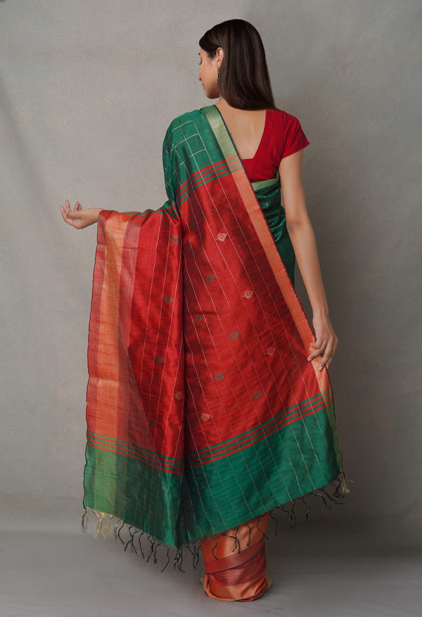 Maroon-Green  Bengal Linen Saree