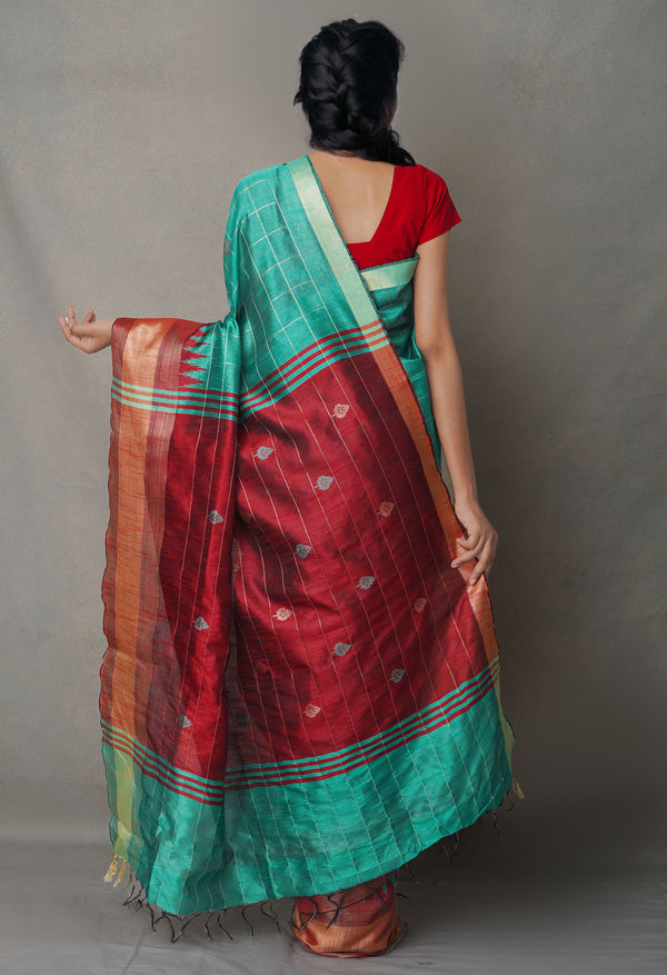Maroon-Green  Bengal Linen Saree