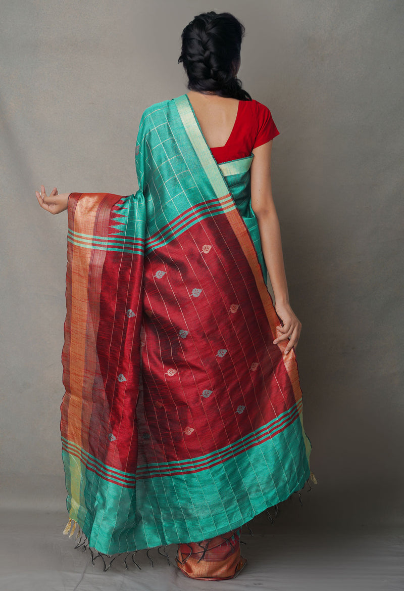 Maroon-Green  Bengal Linen Saree
