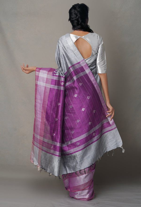 Grey-Purple  Bengal Linen Saree