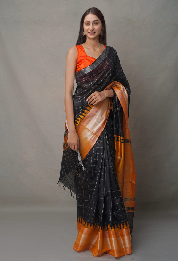 Orange-Black  Bengal Linen Saree