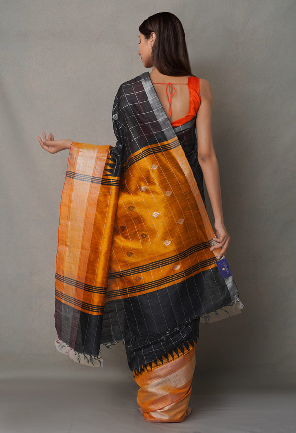 Orange-Black  Bengal Linen Saree