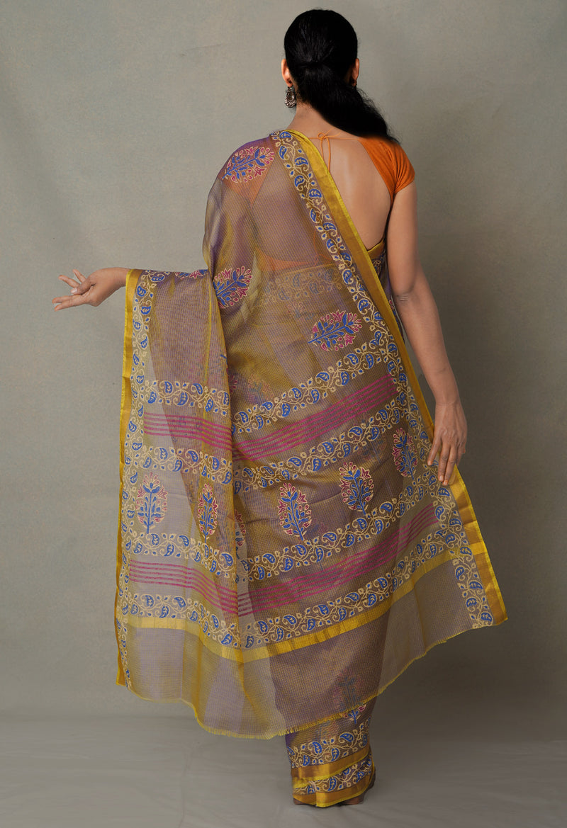 Navy Blue-Yellow Pure Kota Hand Block Print Silk Saree-UNM65029