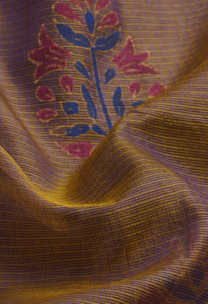 Navy Blue-Yellow Pure Kota Hand Block Print Silk Saree-UNM65029