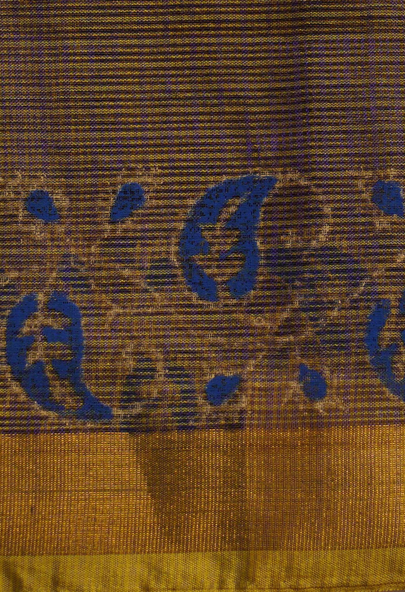 Navy Blue-Yellow Pure Kota Hand Block Print Silk Saree-UNM65029