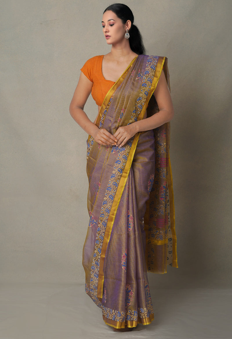 Navy Blue-Yellow Pure Kota Hand Block Print Silk Saree-UNM65029