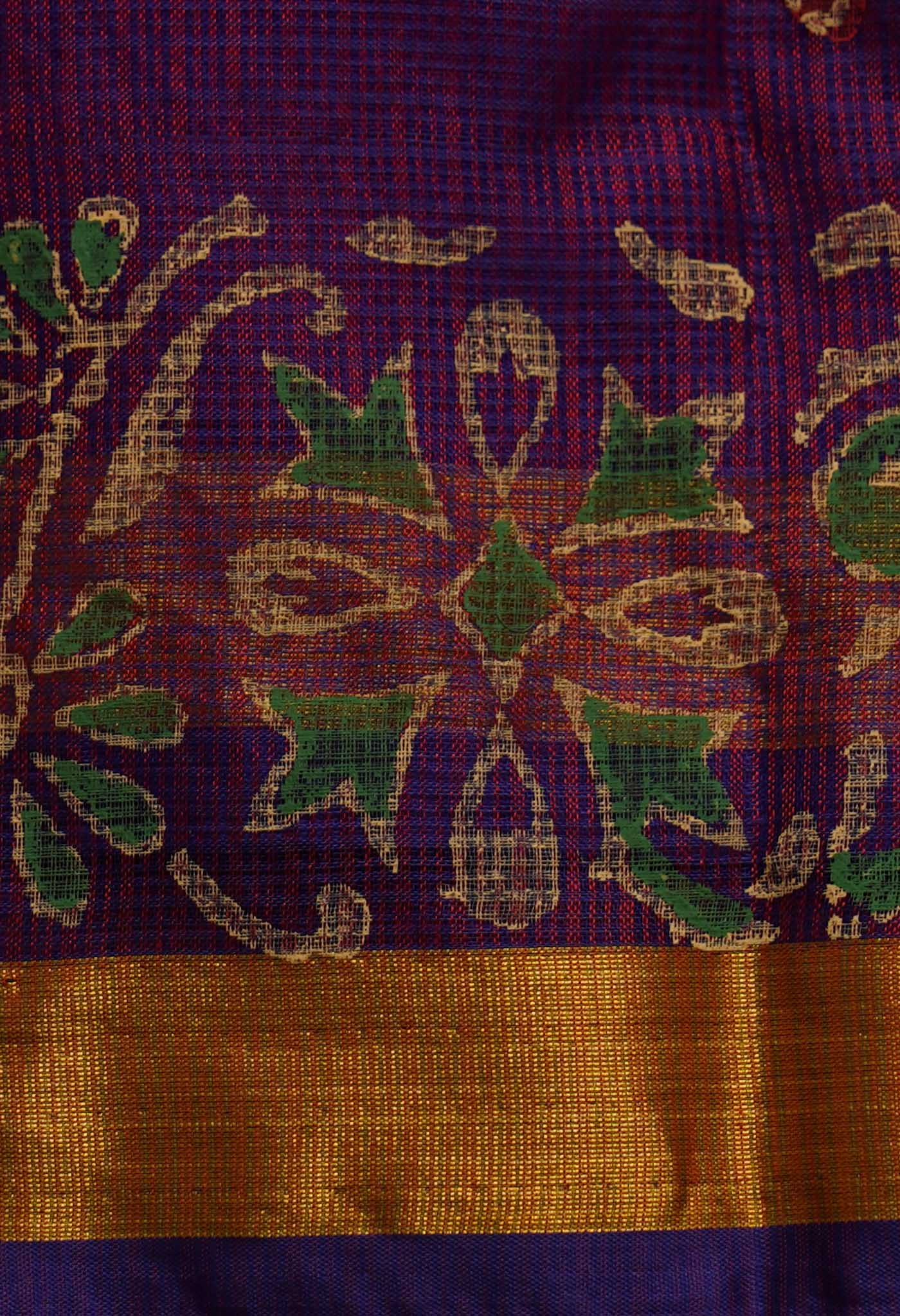Purple Pure Kota Hand Block Print Silk Saree-UNM65037