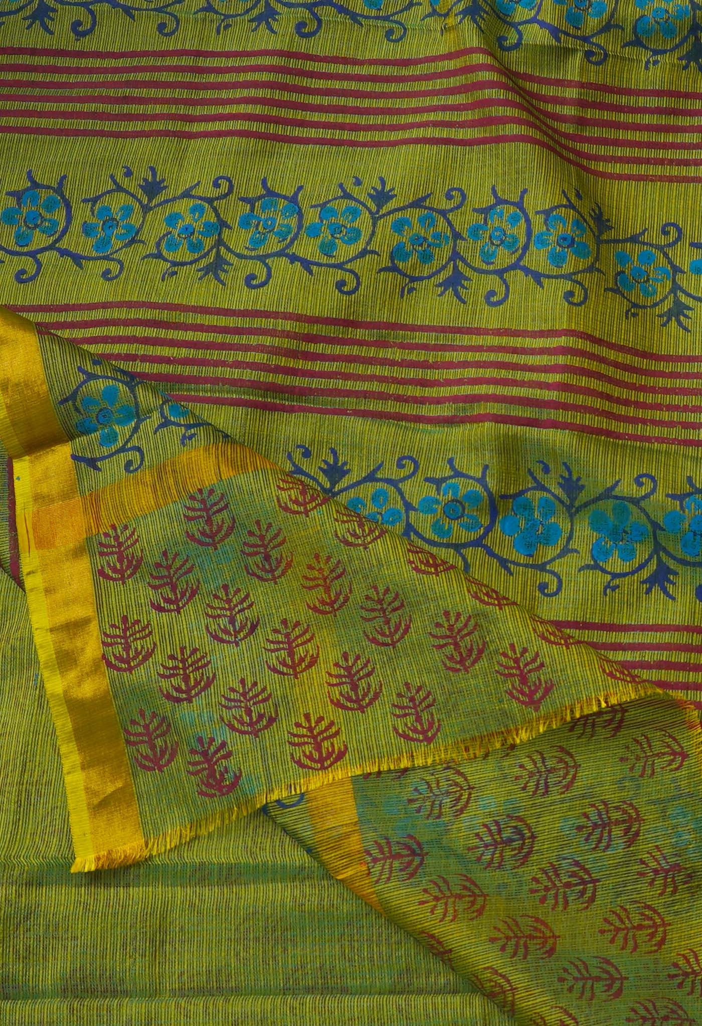 Green-Yellow Pure Kota Hand Block Print Silk Saree-UNM65042