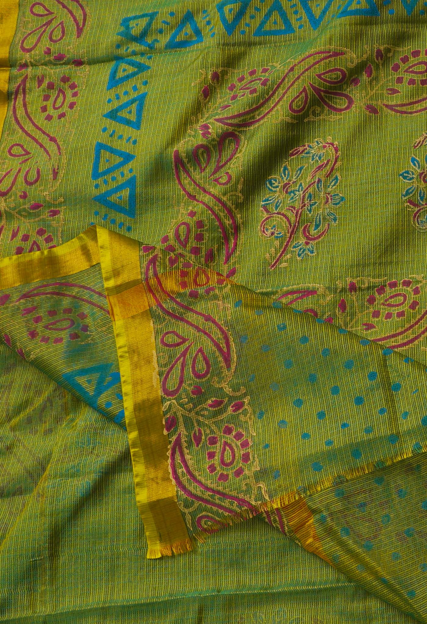 Green-Yellow Pure Kota Hand Block Print Silk Saree-UNM65043