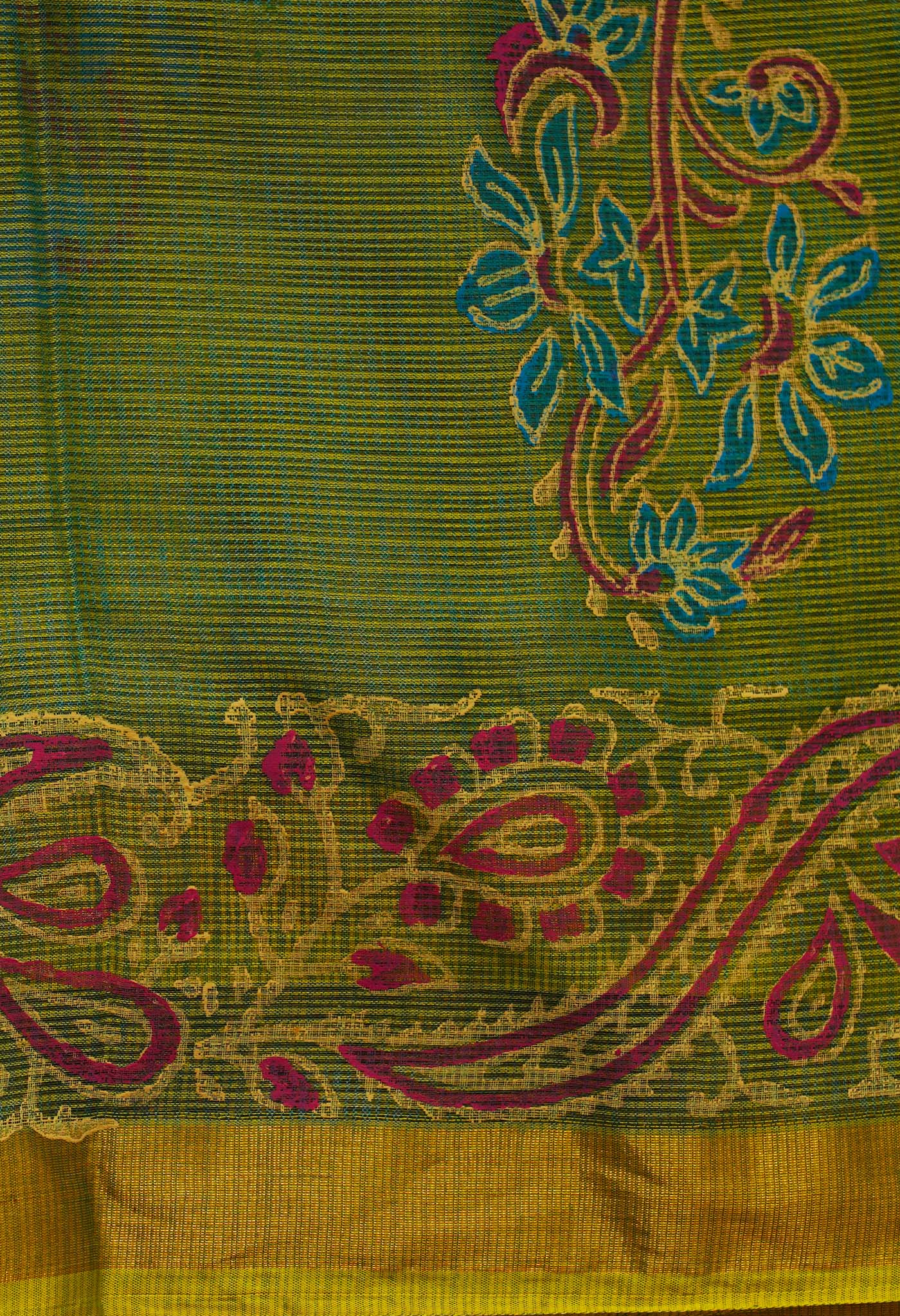 Green-Yellow Pure Kota Hand Block Print Silk Saree-UNM65043