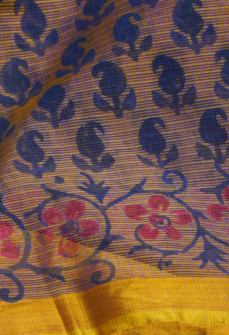 Navy Blue-Yellow Pure Kota Hand Block Print Silk Saree-UNM65044
