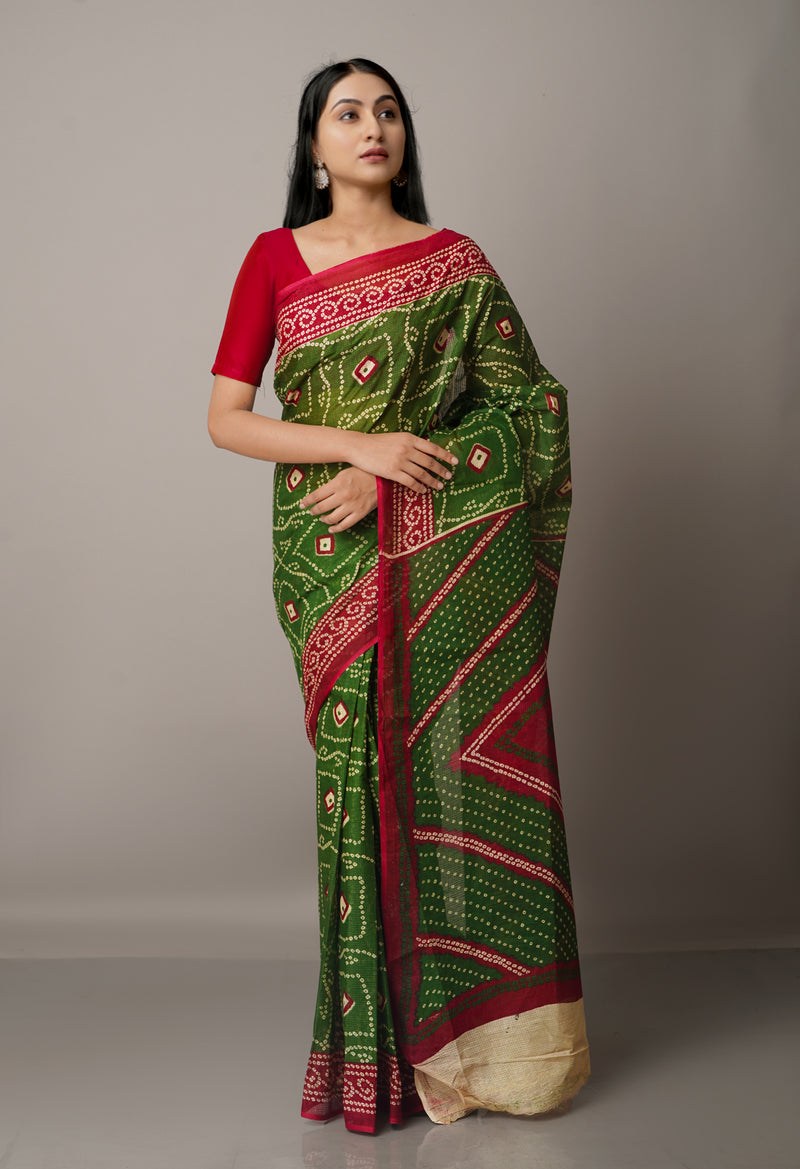Green Pure Bandhani Kota Cotton Saree-UNM65046