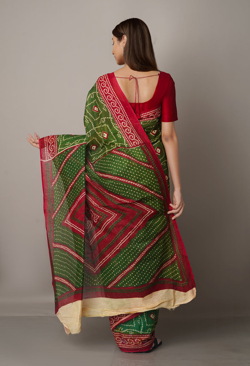 Green Pure Bandhani Kota Cotton Saree-UNM65046