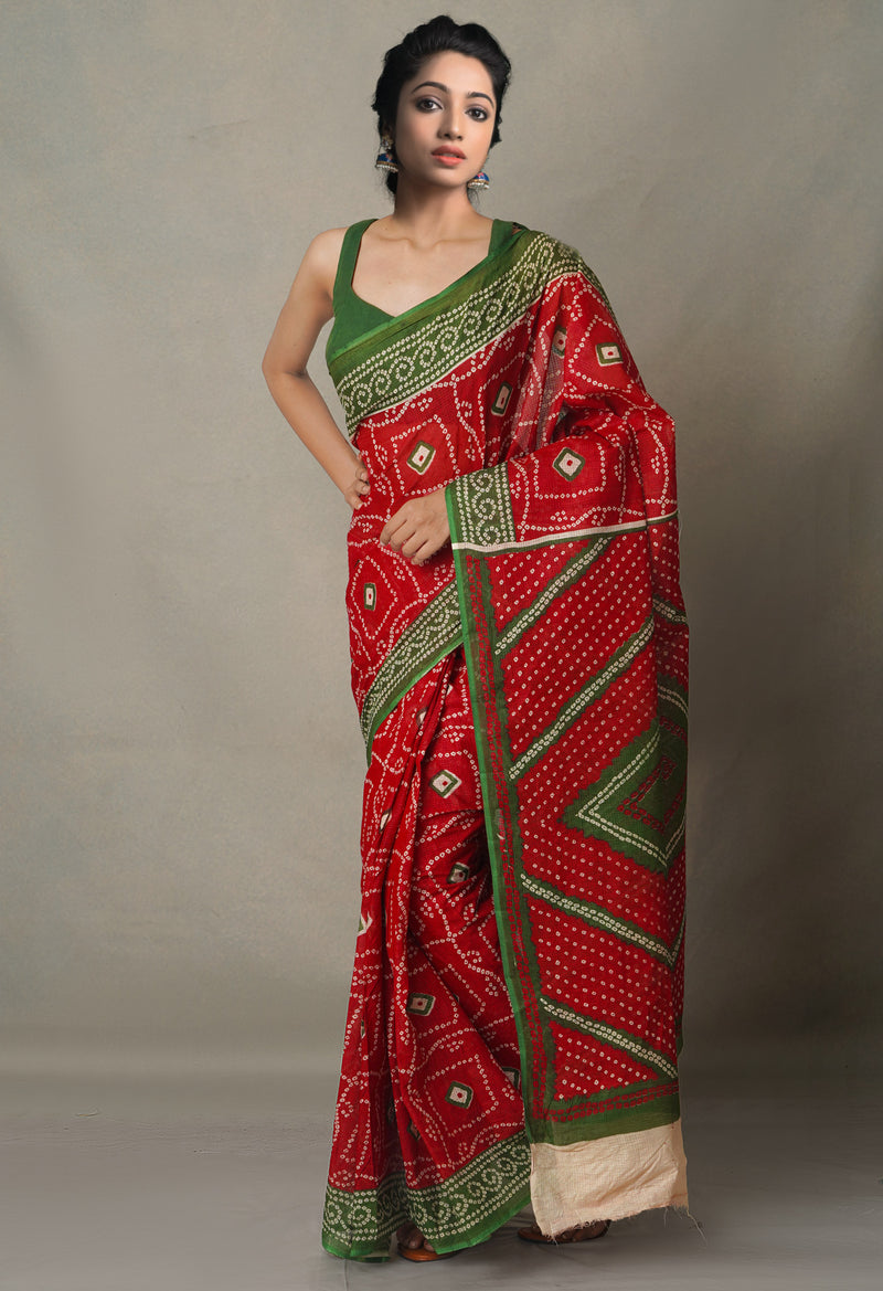 Red Pure Bandhani Kota Cotton Saree-UNM65047