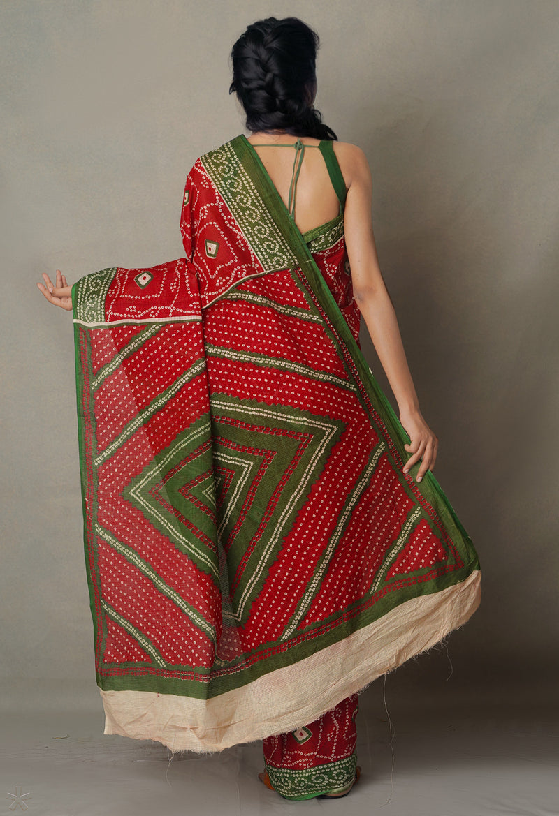 Red Pure Bandhani Kota Cotton Saree-UNM65047