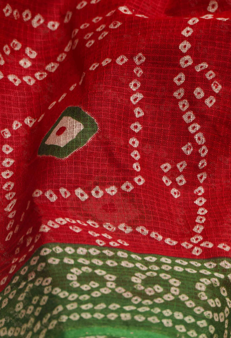 Red Pure Bandhani Kota Cotton Saree-UNM65047
