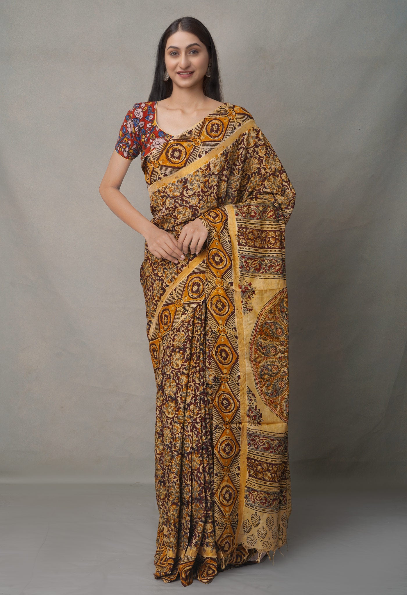 Multi Pure Kalamkari Block Printed  Silk Saree