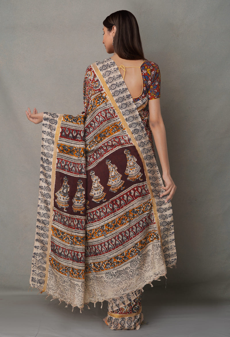 Multi Pure Kalamkari Block Printed  Silk Saree-UNM65055