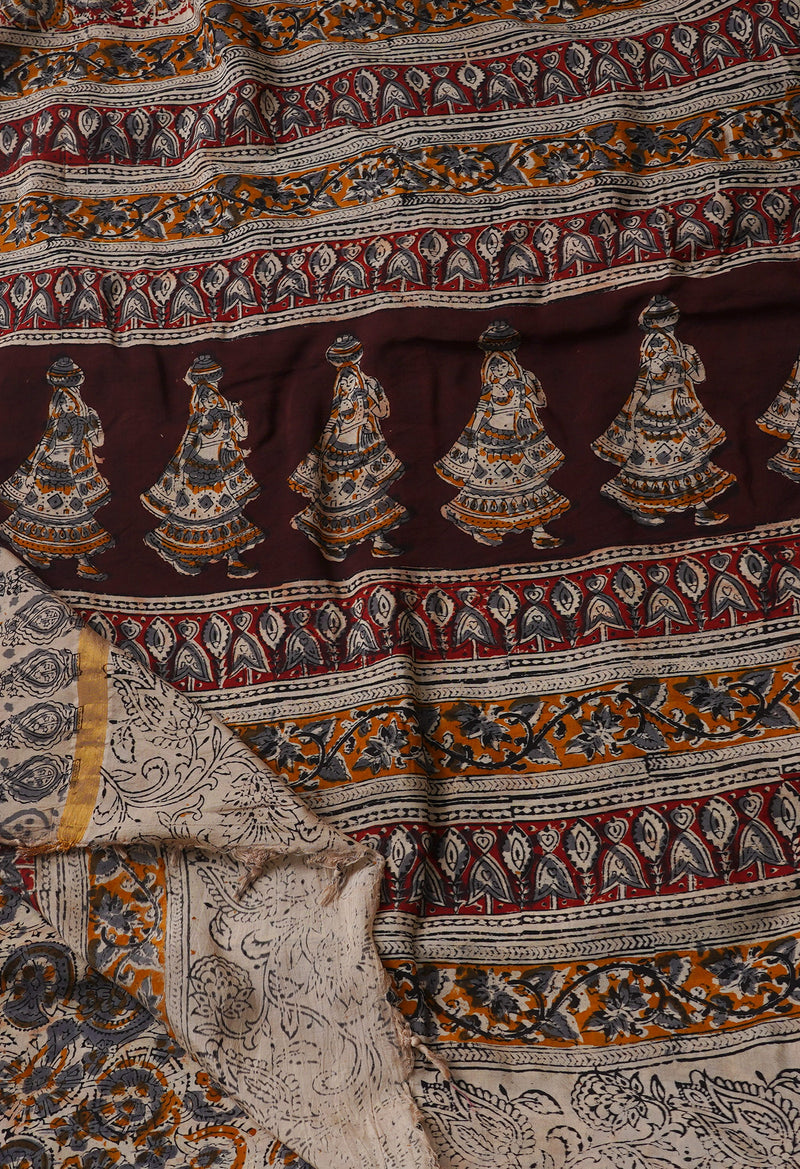 Multi Pure Kalamkari Block Printed  Silk Saree-UNM65055
