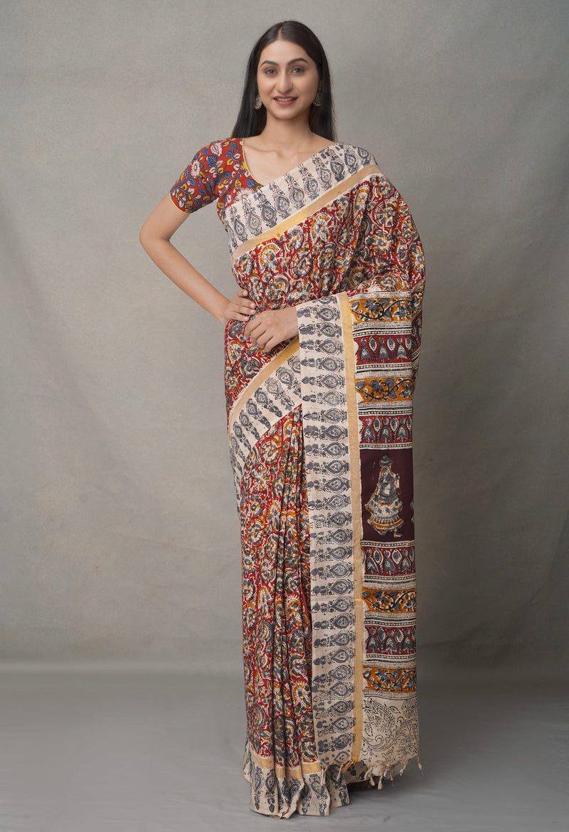 Multi Pure Kalamkari Block Printed  Silk Saree-UNM65055